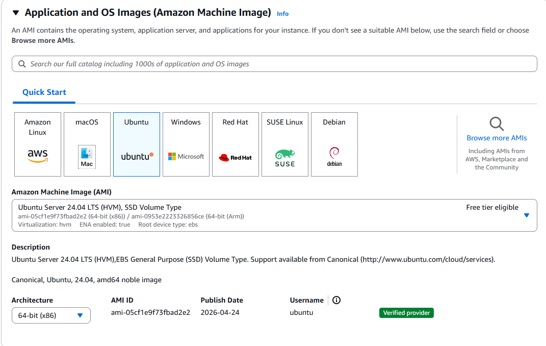 AWS EC2 launch instance page showing Ubuntu selected as the OS and AMI